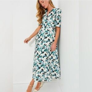 Tuckernuck Blue Blooms Linen Midi Dress Size XXXL NWT Puff Sleeve Floral A-Line